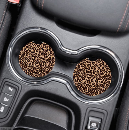 Car Cup Holder Coasters - Cheetah/Leopard, Black, Tan